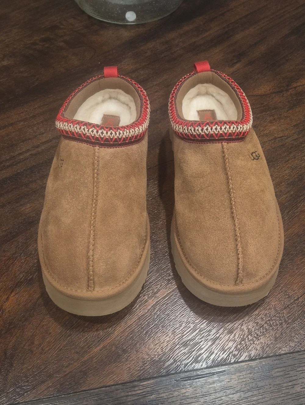 UGG Chestnut Suede Slip-On Shearling Moccasins with Red Trim Youth- 6 / Womens-8